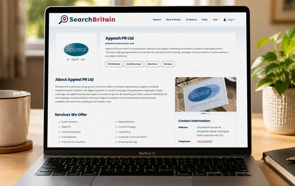 SearchBritain Business Knowledge Hub displayed on a MacBook showing a verified UK business profile.